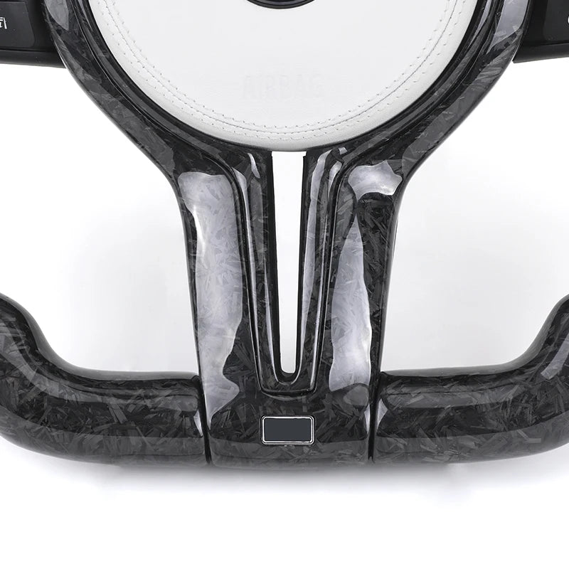 LuxRide™ M Sport White Leather Forged Carbon Fiber Steering Wheel for F Series (F10/F30)-Customizable Stitch Color & 50mm Grip Size