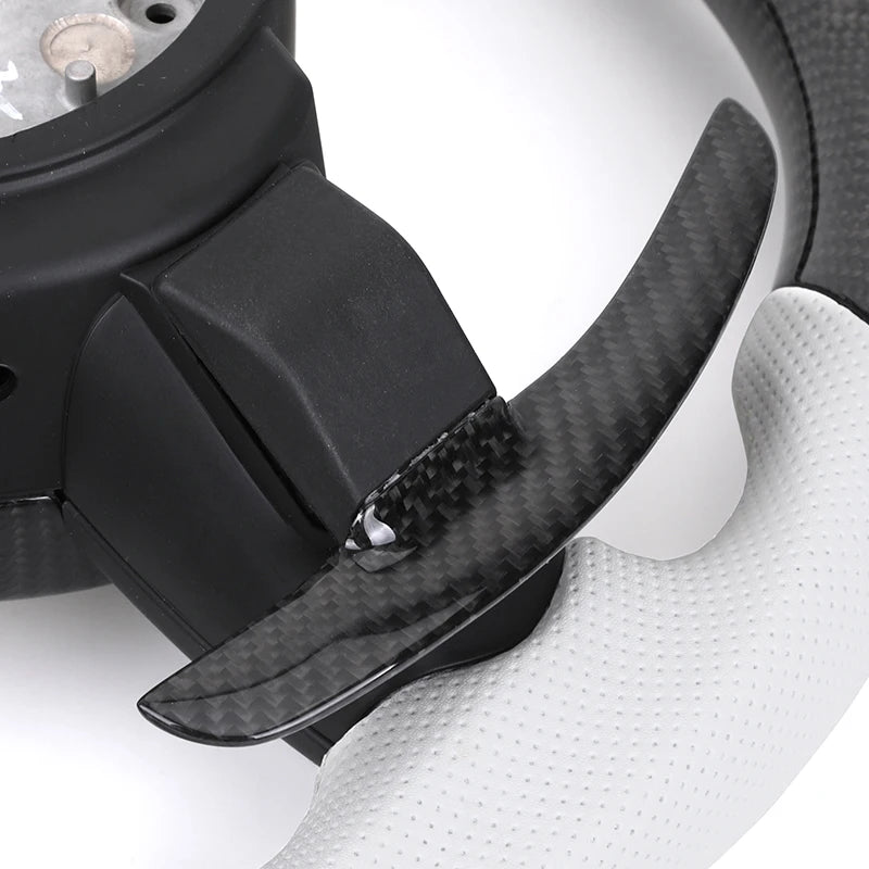 LuxRide™ M Sport White Leather Forged Carbon Fiber Steering Wheel for F Series (F10/F30)-Customizable Stitch Color & 50mm Grip Size