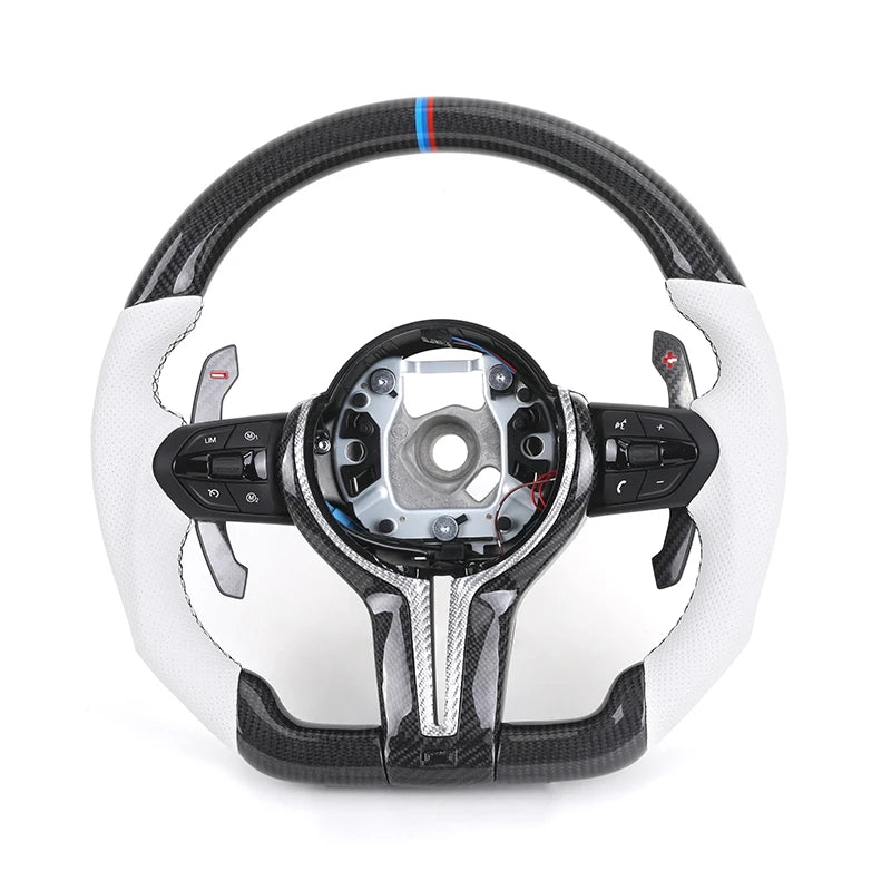 LuxRide™ M Sport White Leather Forged Carbon Fiber Steering Wheel for F Series (F10/F30)-Customizable Stitch Color & 50mm Grip Size