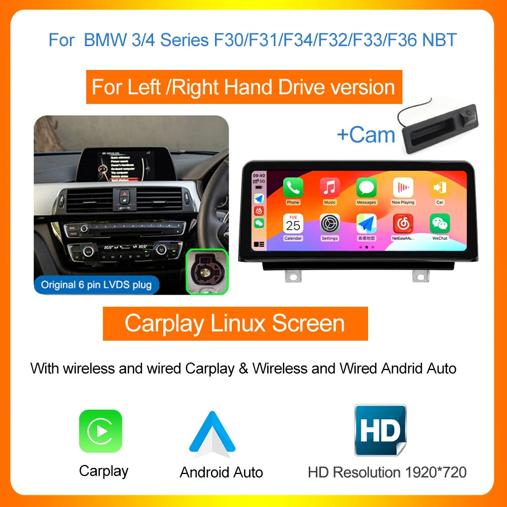 LuxRide™  10.25”1920*720 Wireless Carplay Android Auto Car multimedia player for F20 F21 F22 F30 F31 F32 F33 F34 F36 NBT 2013-2017