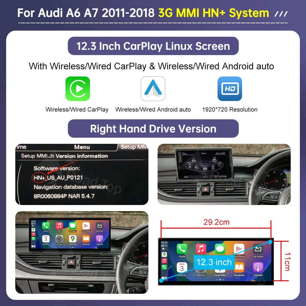LuxRide™ 12.3" Linux Screen For Audi A6 C6 A7 C7 2011-2018 with Wireless CarPlay Android Auto Airplay Car Radio Player