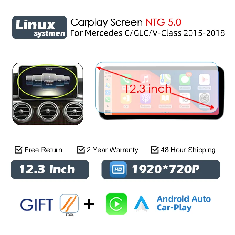 LuxRide™  Carplay Screen For Mercedes C Class W205 GLC X253 C180 C200 300 350 2015-2018 Car Multimedia Player Android Auto Radio