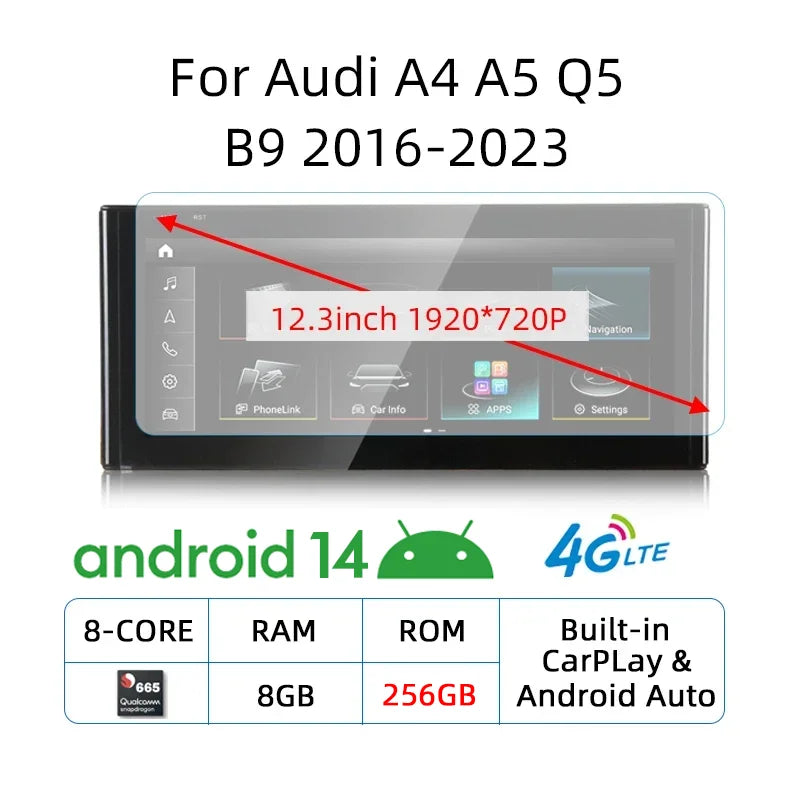 LuxRide™ 12.3'' Android 14 Carplay Touch Screen For Audi A4 A5 Q5 B9 2016-2023 Car Stereo Radio Multimedia Player WIFI 4G GPS Navigation
