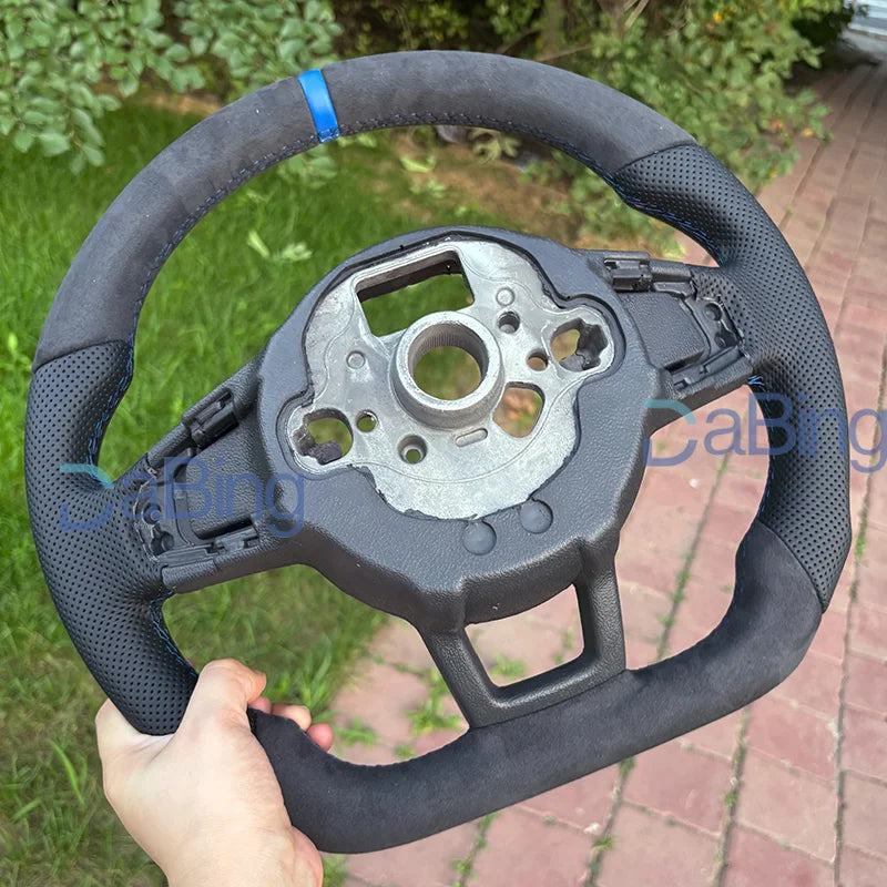 LuxRide™ Steering Wheel Sports Half Alcantara Leather Perforated For VW Golf MK7 7.5 GTI GTD GTE R Polo RLine Blue Stitching