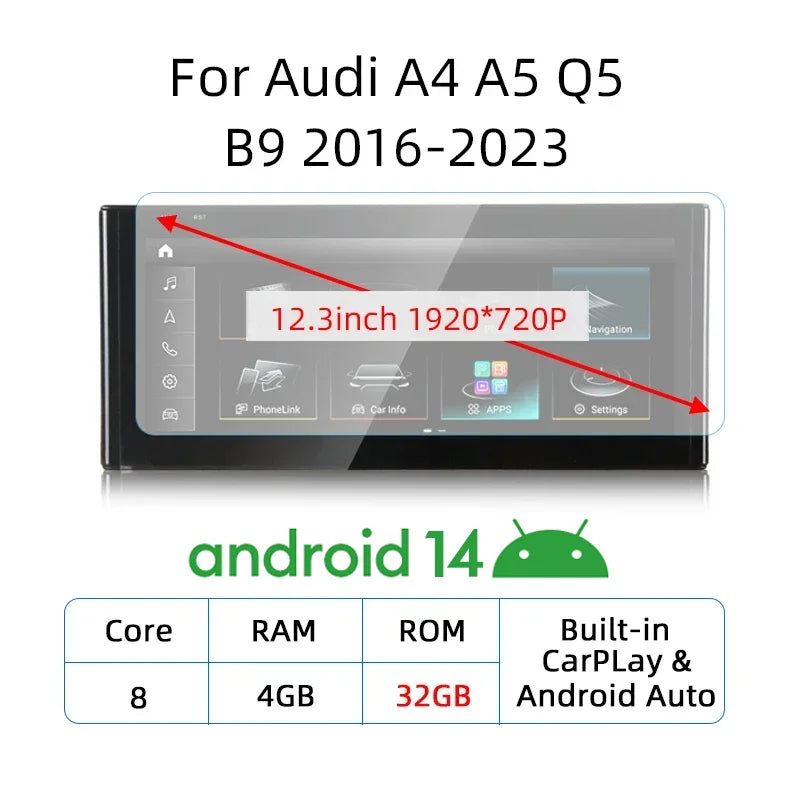 LuxRide™ 12.3'' Android 14 Carplay Touch Screen For Audi A4 A5 Q5 B9 2016-2023 Car Stereo Radio Multimedia Player WIFI 4G GPS Navigation