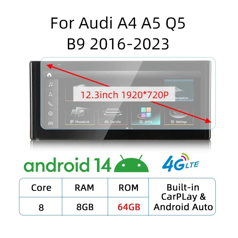 LuxRide™ 12.3'' Android 14 Carplay Touch Screen For Audi A4 A5 Q5 B9 2016-2023 Car Stereo Radio Multimedia Player WIFI 4G GPS Navigation
