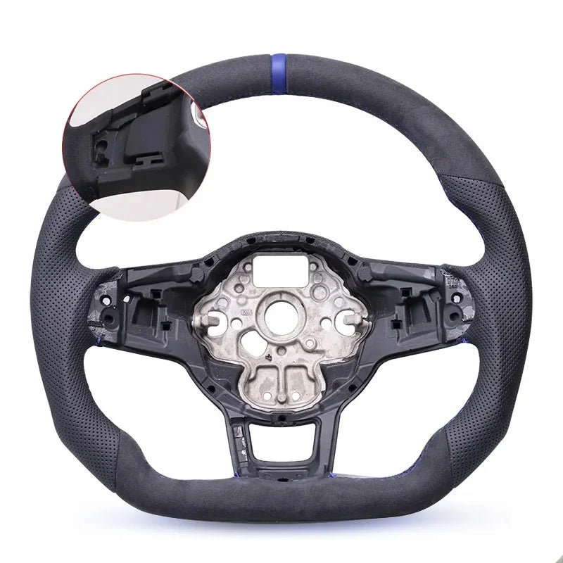 LuxRide™ Steering Wheel Sports Half Alcantara Leather Perforated For VW Golf MK7 7.5 GTI GTD GTE R Polo RLine Blue Stitching