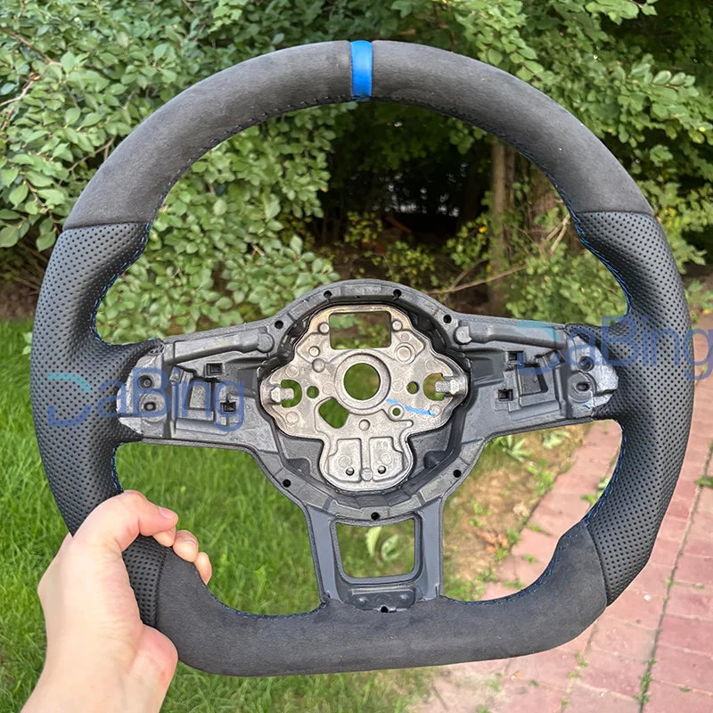 LuxRide™ Steering Wheel Sports Half Alcantara Leather Perforated For VW Golf MK7 7.5 GTI GTD GTE R Polo RLine Blue Stitching