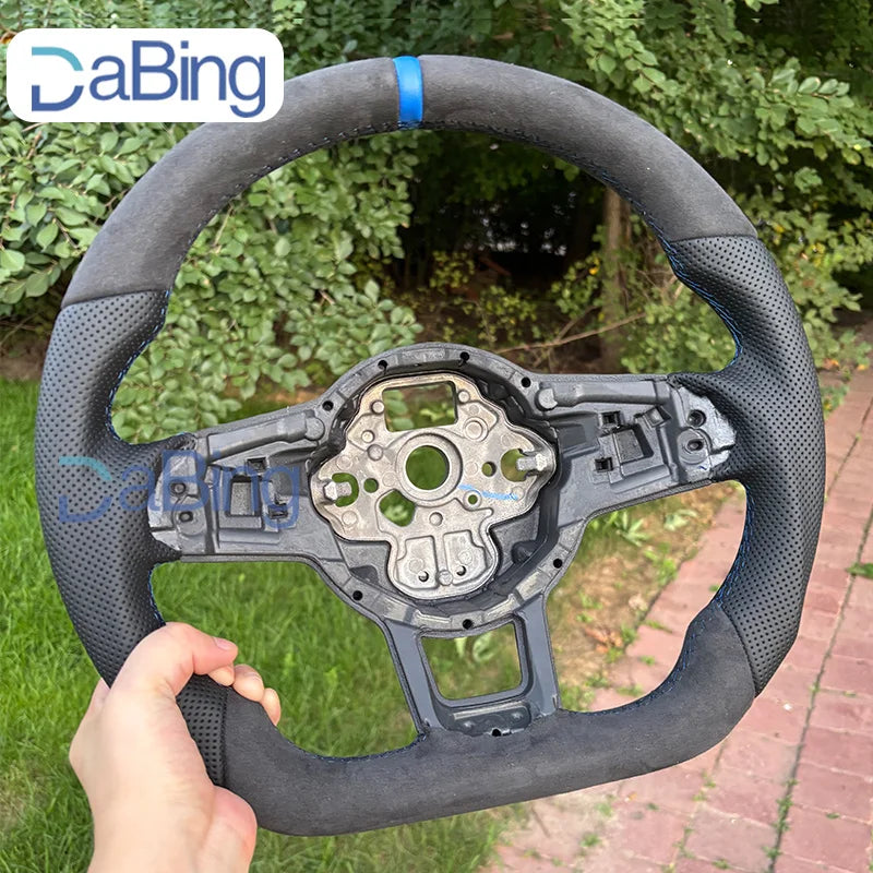 LuxRide™ Steering Wheel Sports Half Alcantara Leather Perforated For VW Golf MK7 7.5 GTI GTD GTE R Polo RLine Blue Stitching