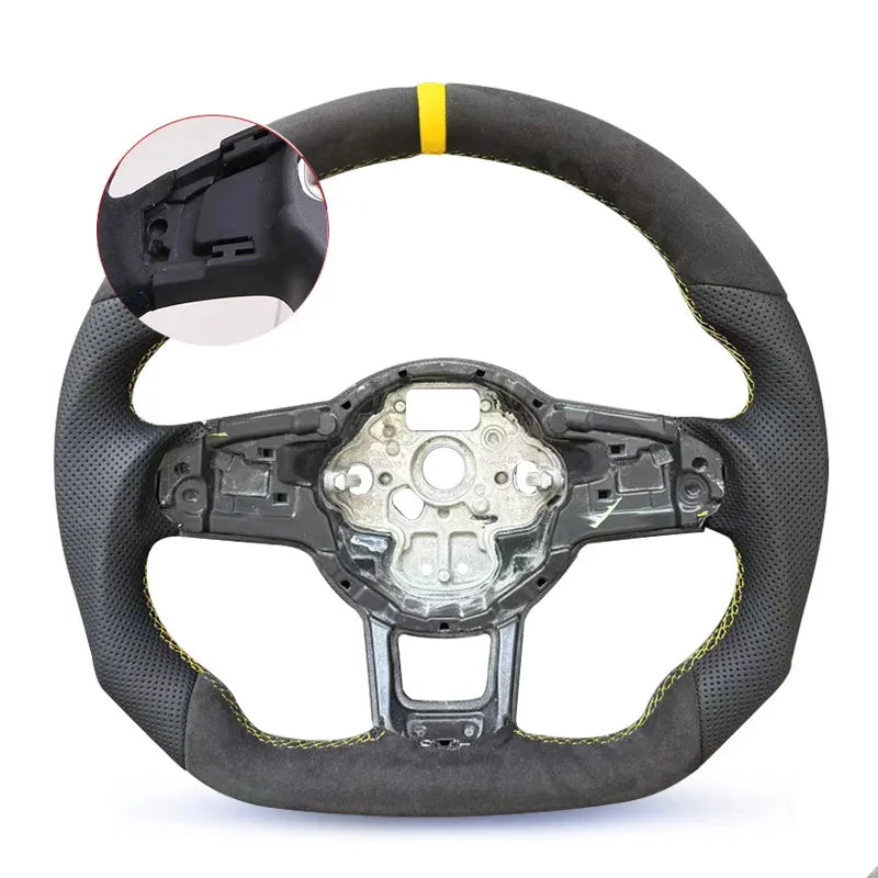 LuxRide™ Steering Wheel Sports Half Alcantara Leather Perforated For VW Golf MK7 7.5 GTI GTD GTE R Polo RLine Blue Stitching