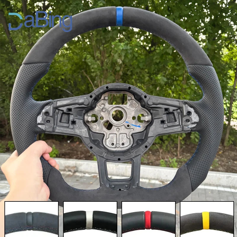 LuxRide™ Steering Wheel Sports Half Alcantara Leather Perforated For VW Golf MK7 7.5 GTI GTD GTE R Polo RLine Blue Stitching